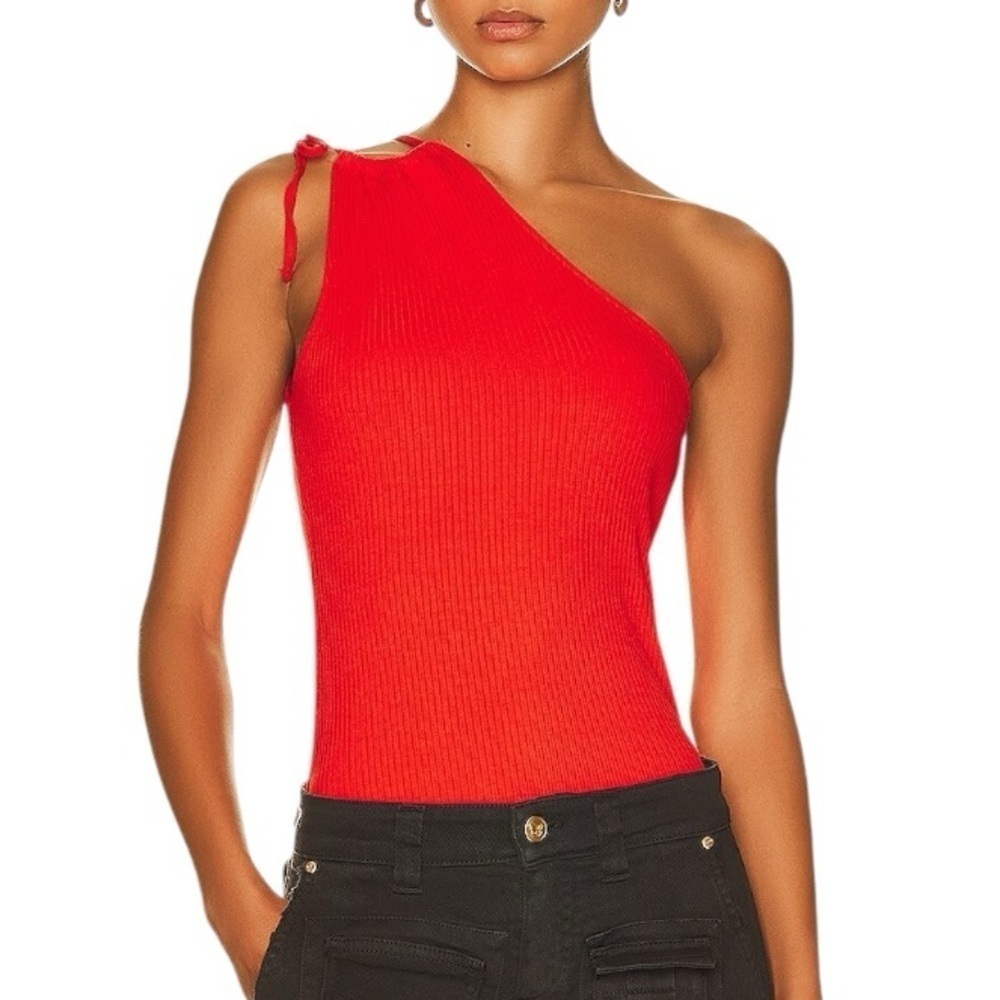 The Range Red Ribbed Knit One Shoulder Bodysuit Top Size Small